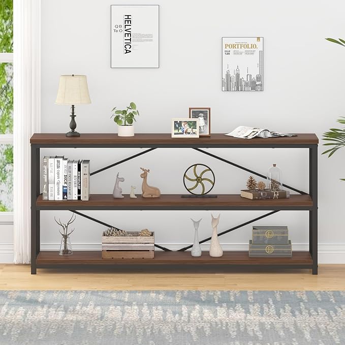IBF Walnut Low Wide Bookcase, Vintage 63 Inch Long 3 Tier Open Book Shelf, Farmhouse Big Wood Metal sturdy Bookshelf Display Case, Simple Large Etagere Bookshelves for Home Living Room Office Bedroom - LeafyLoom
