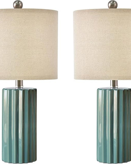 Oneach 21'' Farmhouse Ceramic Table Lamp Set of 2 for Bedroom Living Room House Decor Deep Blue Desk Lamps Home Office Dorm Rustic Modern Style Lamp - LeafyLoom