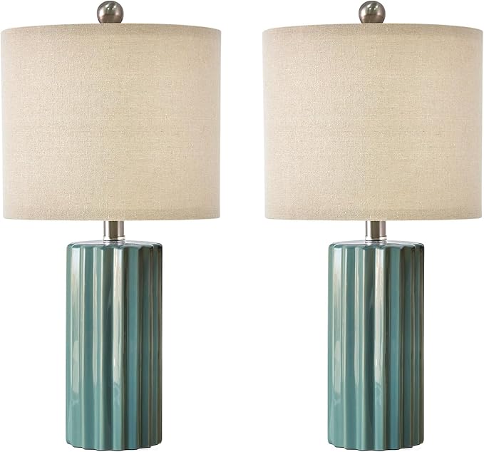 Oneach 21'' Farmhouse Ceramic Table Lamp Set of 2 for Bedroom Living Room House Decor Deep Blue Desk Lamps Home Office Dorm Rustic Modern Style Lamp - LeafyLoom