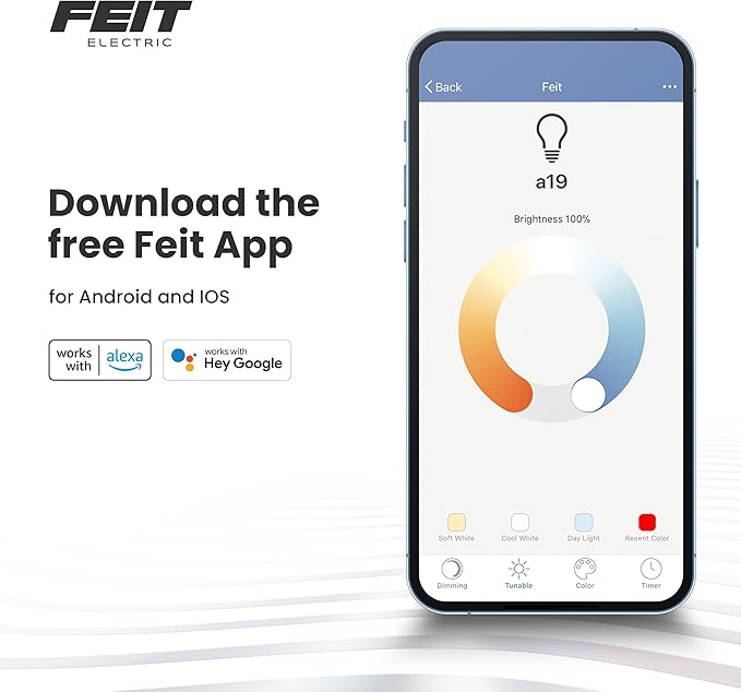 Feit Electric OM60/RGBW/CA/AG Smart WiFi Color Changing and Dimmable, Alexa or Google Assistant, No Hub Required A19 LED Light Bulb, 60W FeitElectricCompany