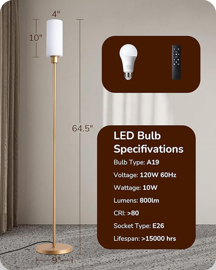 EDISHINE LED Corner Floor Lamp with Glass Lampshade, Modern Dimmable Lamp with Remote, 5 CCT, 65" Tall Standing Light for Living Room, Bedroom, Office, Bulb Included (Gold) - LeafyLoom
