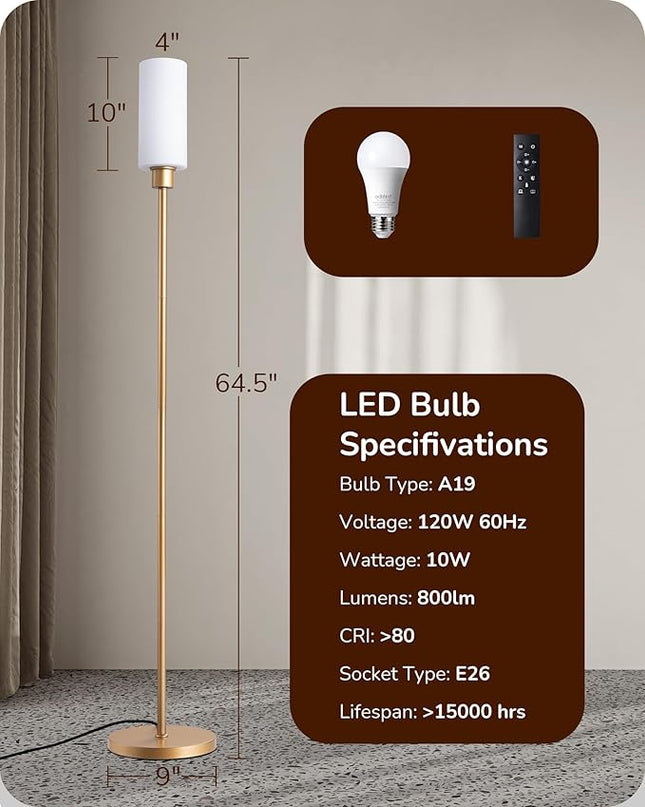 EDISHINE LED Corner Floor Lamp with Glass Lampshade, Modern Dimmable Lamp with Remote, 5 CCT, 65" Tall Standing Light for Living Room, Bedroom, Office, Bulb Included (Gold) - LeafyLoom