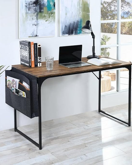 FurnitureR 39.4 inch Small Study Writing Table with Storage Bag Space Saving for Home Office, Modern PC Metal Frame Computer Desk, Brown - LeafyLoom