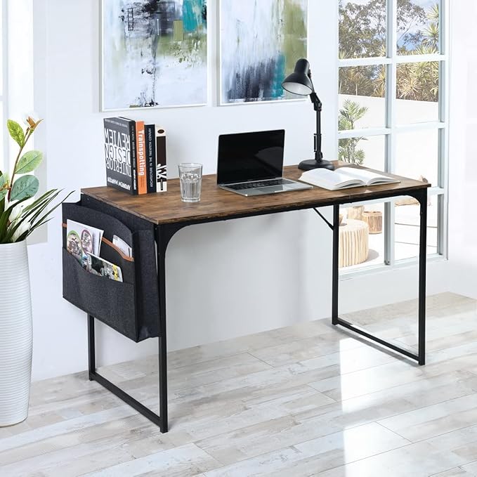 FurnitureR 39.4 inch Small Study Writing Table with Storage Bag Space Saving for Home Office, Modern PC Metal Frame Computer Desk, Brown - LeafyLoom