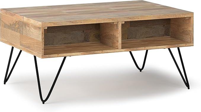 SIMPLIHOME Hunter SOLID MANGO WOOD and Metal 36 inch Wide Rectangle Industrial Contemporary Small Lift Top Coffee Table in Natural, for the Living Room and Family Room - LeafyLoom