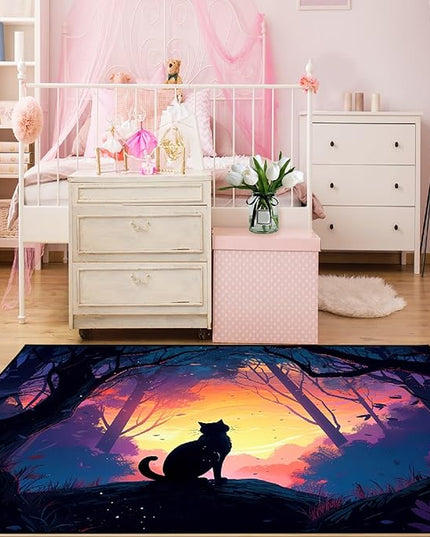 Magic Black Cat Rug - Moon Cat Rug for Girls Room Forestscape Cat Area Rug Black Cat Door Mat Colorful Rug with Black Cat Pattern, 2x3 Feet - LeafyLoom