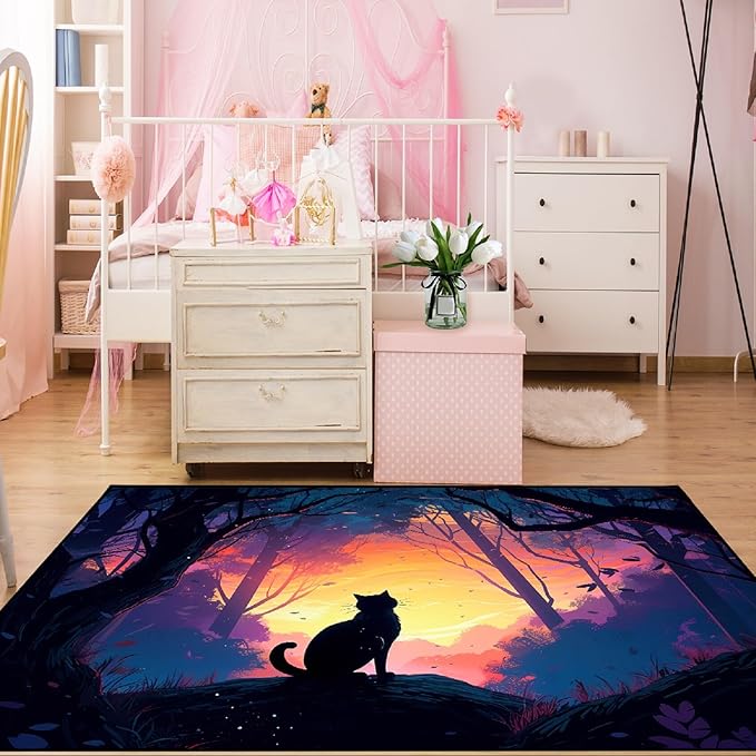 Magic Black Cat Rug - Moon Cat Rug for Girls Room Forestscape Cat Area Rug Black Cat Door Mat Colorful Rug with Black Cat Pattern, 2x3 Feet - LeafyLoom