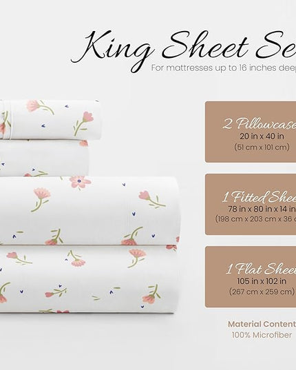 Linen Market 4 Piece King Sheet Set (Pink Floral) - Sleep Better Than Ever with These Ultra-Soft & Cooling Bed Sheets for Your King Size Bed - Deep Pocket Fits 16" Mattress - LeafyLoom