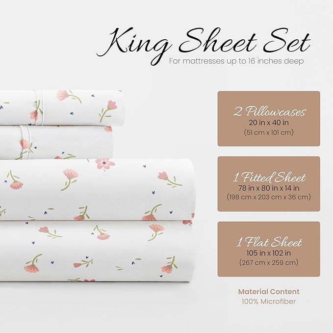 Linen Market 4 Piece King Sheet Set (Pink Floral) - Sleep Better Than Ever with These Ultra-Soft & Cooling Bed Sheets for Your King Size Bed - Deep Pocket Fits 16" Mattress - LeafyLoom