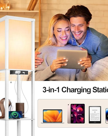OUTON Floor Lamp with Shelves, LED Modern Shelf Floor Lamp with 2 USB Ports & Power Outlet, 3 Color Temperature, Storage Display Wood Column Standing Tall Lamp for Living Room, Bedroom, Office (White) - LeafyLoom