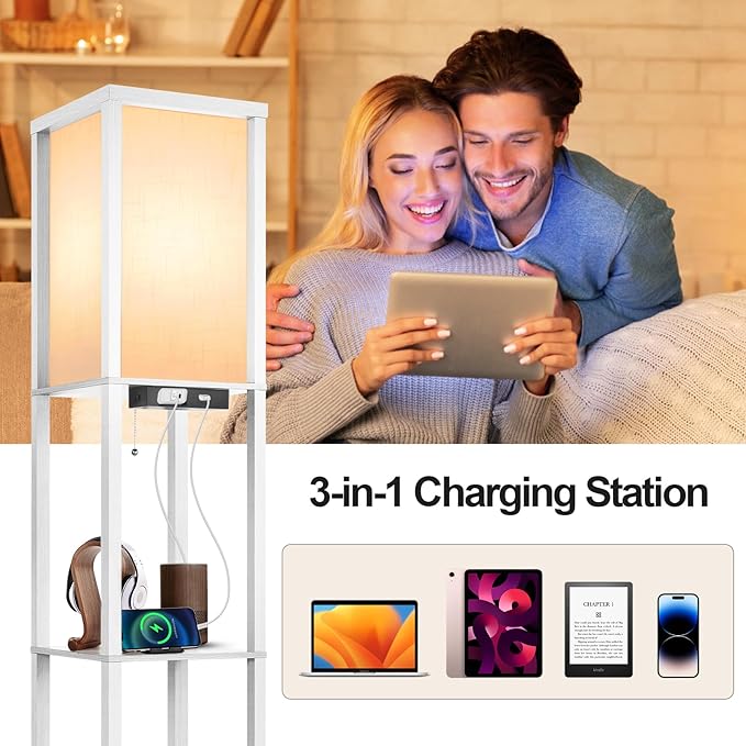 OUTON Floor Lamp with Shelves, LED Modern Shelf Floor Lamp with 2 USB Ports & Power Outlet, 3 Color Temperature, Storage Display Wood Column Standing Tall Lamp for Living Room, Bedroom, Office (White) - LeafyLoom