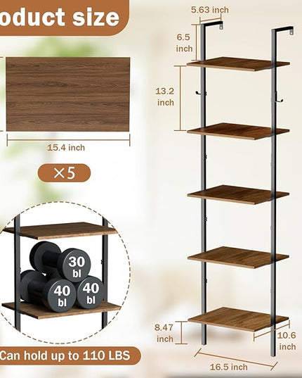 5 Tier Ladder Shelf with 2 Hooks, Modern Metal Wood Bookcase Shelf, Wall Mounted Bookshelf, Standing Display Storage Organizer for Home, Office, Kitchen, Living Room, Bedroom - LeafyLoom