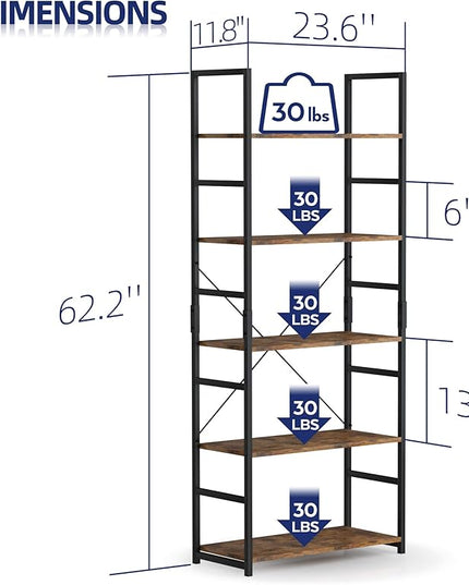 NUMENN 5 Tier Bookshelf, Tall Bookcase Shelf Storage Organizer, Modern Book shelf for Bedroom, Living Room and Home Office, Vintage - LeafyLoom