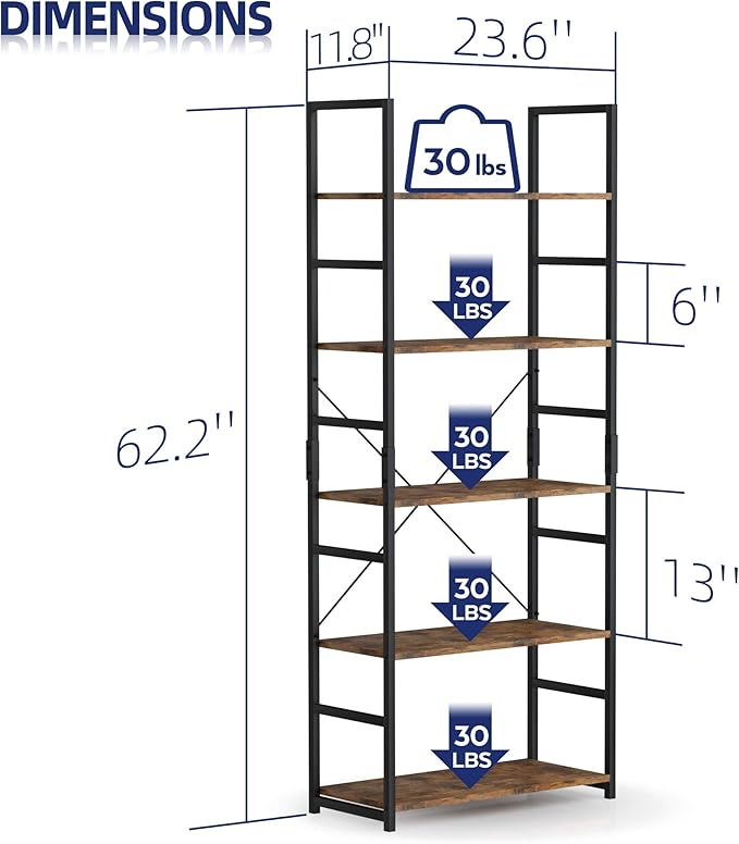 NUMENN 5 Tier Bookshelf, Tall Bookcase Shelf Storage Organizer, Modern Book shelf for Bedroom, Living Room and Home Office, Vintage - LeafyLoom