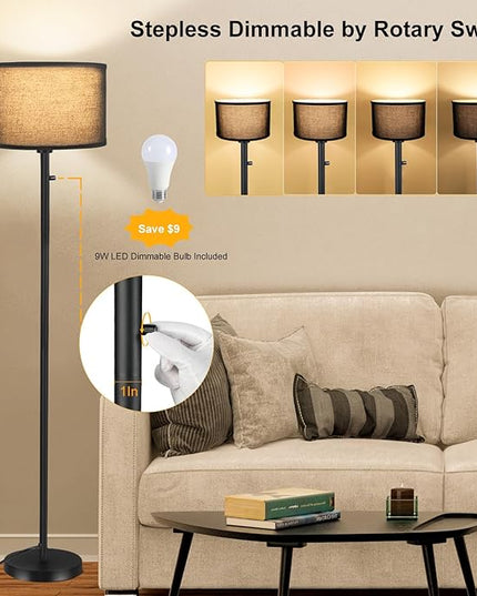 Floor Lamps for Living Room, Stepless Dimmable Standing Lamp, Modern Floor Lamp with Rotary Switch, Black Linen Shade, 9W Led Bulb Included(1000LM,2700K), Tall Lamp for Bedroom, Office, Farmhouse - LeafyLoom