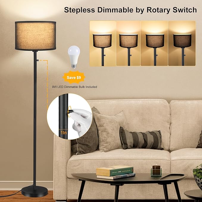 Floor Lamps for Living Room, Stepless Dimmable Standing Lamp, Modern Floor Lamp with Rotary Switch, Black Linen Shade, 9W Led Bulb Included(1000LM,2700K), Tall Lamp for Bedroom, Office, Farmhouse - LeafyLoom