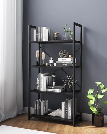VERMESS Industrial Bookshelf, 4-Tier 24inch Black Shelving Unit Wood Bookcase with Open Shelves, Rustic Standing Bookshelves Metal Frame Display Rack for Living Room,Bedroom, 24 * 11.8 * 47.2inch - LeafyLoom