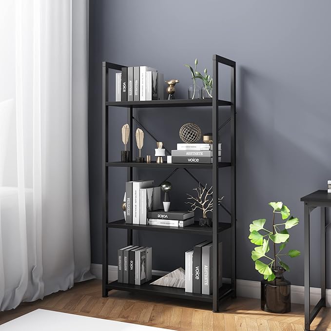 VERMESS Industrial Bookshelf, 4-Tier 24inch Black Shelving Unit Wood Bookcase with Open Shelves, Rustic Standing Bookshelves Metal Frame Display Rack for Living Room,Bedroom, 24 * 11.8 * 47.2inch - LeafyLoom
