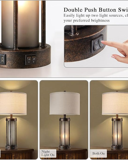 Set of 2 Farmhouse Table Lamps for Living Room, Vintage Rustic Nightstand Lamp with 2 USB Ports, Retro Gray Glass Night Light Desk Lamps for Bedroom Entryway, 4 Bulbs Included (Bronze Look) - LeafyLoom