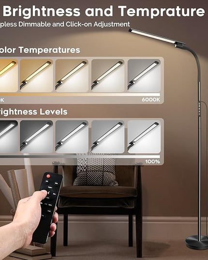 LED Floor Lamp, Floor Lamps for Living Room with Night Light & 5 Colors & 5 Brightness, Adjustable Gooseneck Floor Reading Lamp with Remote & Touch Control, Tall Standing Floor Lamp for Bedroom Office - LeafyLoom