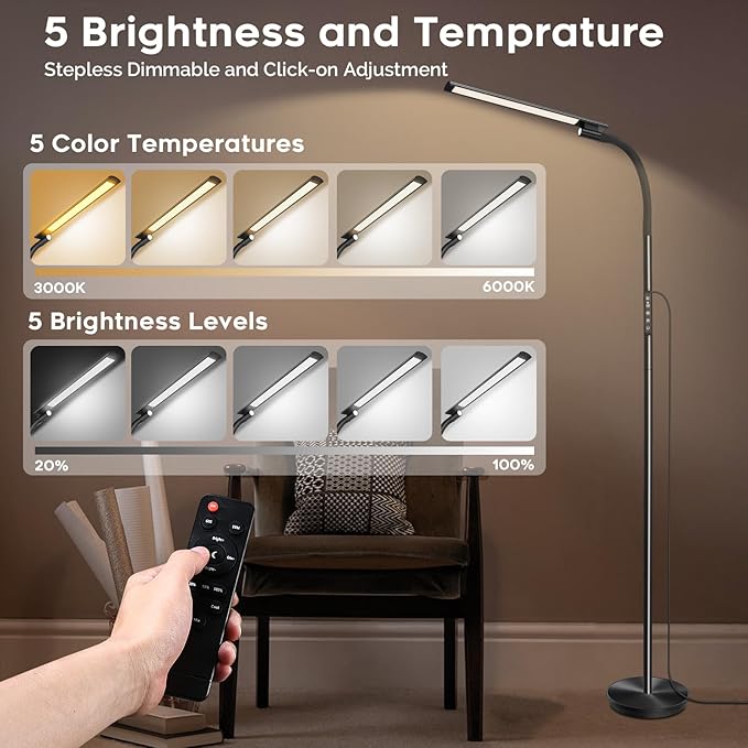 LED Floor Lamp, Floor Lamps for Living Room with Night Light & 5 Colors & 5 Brightness, Adjustable Gooseneck Floor Reading Lamp with Remote & Touch Control, Tall Standing Floor Lamp for Bedroom Office - LeafyLoom