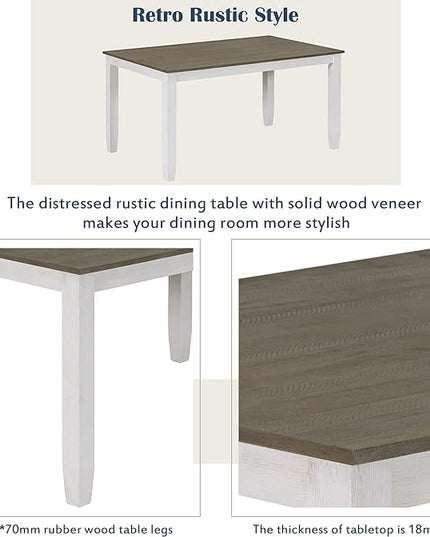 Kitchen Table and Chairs for 6, Rustic Style Dining Table Set, 6-Piece Rectangular Kitchen Table and 4 Upholstered Chairs & Bench for Dining Room, Living Room and Kitchen, Brown + Whitewash - LeafyLoom