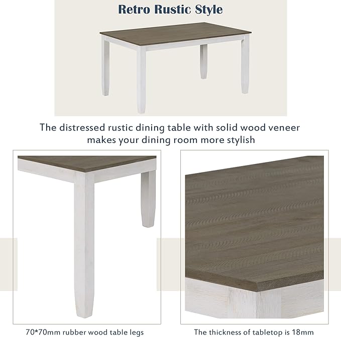 Set 6-Piece Rustic Dining Ensemble-Rectangular Wood Kitchen Table, 4 Chairs, and an Upholstered Bench with Comfy Cushions, Brown + White Wash Aesthetic, Onesize - LeafyLoom