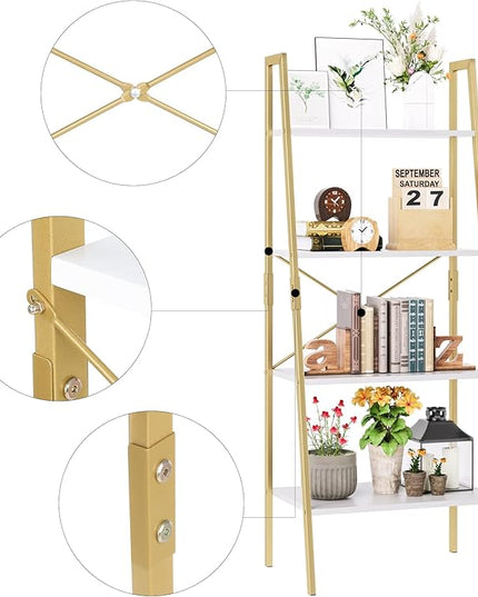 finetones Bookshelf 4 Tier, Wood Bookcase with Metal Frame, Open Display Storage Ladder Shelf, Plant Flower Stand Storage Rack for Home Office White/Gold - LeafyLoom
