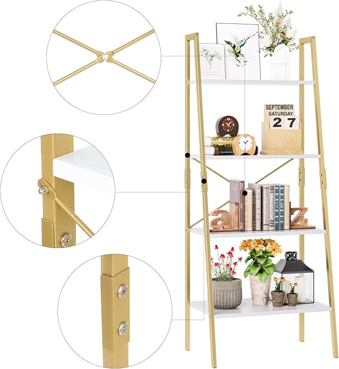 finetones Bookshelf 4 Tier, Wood Bookcase with Metal Frame, Open Display Storage Ladder Shelf, Plant Flower Stand Storage Rack for Home Office White/Gold - LeafyLoom