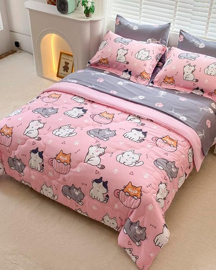 7 Piece Girls Cat Comforter Set Queen Size Bed in A Bag Pink Cute Cartoon Pet Cats Bedding Set for Kids Boys Teens (1 Comforter, 1 Flat Sheet, 1 Fitted Sheet, 4 Pillow Sham) Gray - LeafyLoom