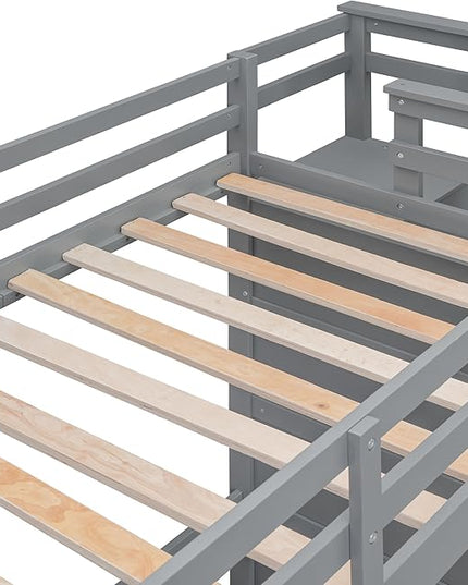 Twin Over Twin Bunk Bed with Stairs, 4 Storage Drawers and Trundle, Wooden Bunkbeds with Staircase and Full-Length Guardrails, for Kids/Teens Bedroom, Gray - LeafyLoom