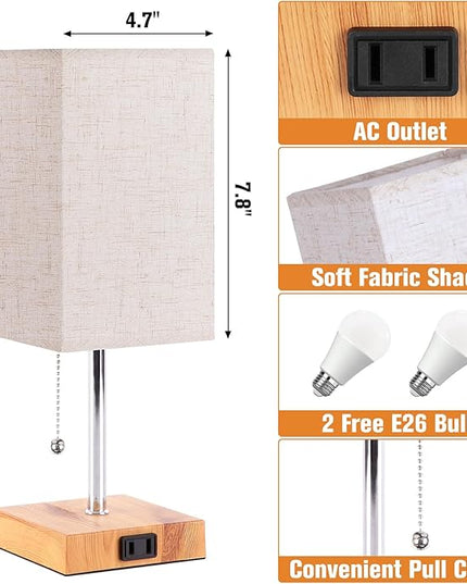 Bedside Table Lamp for Bedroom Nightstand, 3 Color Nightstand Lamps Set of 2 with AC Outlets, Square Pull Chain Bedside Lamp for Living Room, Office Desk, LED Bulb Included - LeafyLoom