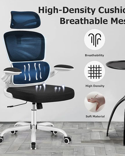 Office Desk Chair, Ergonomic High Back Mesh Office Chair with Lumbar Support and Adjustable Headrest, Swivel Computer Task Chair with Flip-up Arms, Executive Chairs for Home and Work (White) - LeafyLoom
