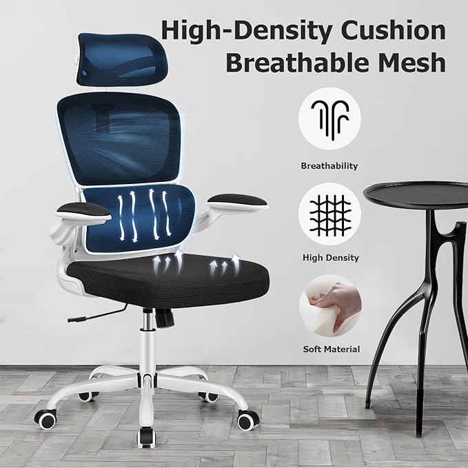 Office Desk Chair, Ergonomic High Back Mesh Office Chair with Lumbar Support and Adjustable Headrest, Swivel Computer Task Chair with Flip-up Arms, Executive Chairs for Home and Work (White) - LeafyLoom