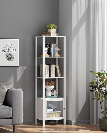 TUTOTAK 5 Tier Bookcase and Bookshelf, Narrow Book shelf with Door for Small Space, for Living Room, Office, Study, Entryway, White BS03BW005 - LeafyLoom