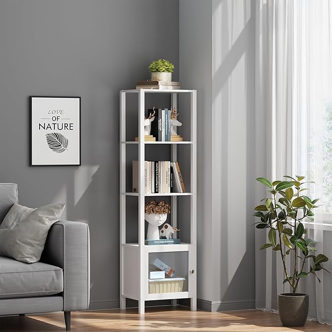 TUTOTAK 5 Tier Bookcase and Bookshelf, Narrow Book shelf with Door for Small Space, for Living Room, Office, Study, Entryway, White BS03BW005 - LeafyLoom