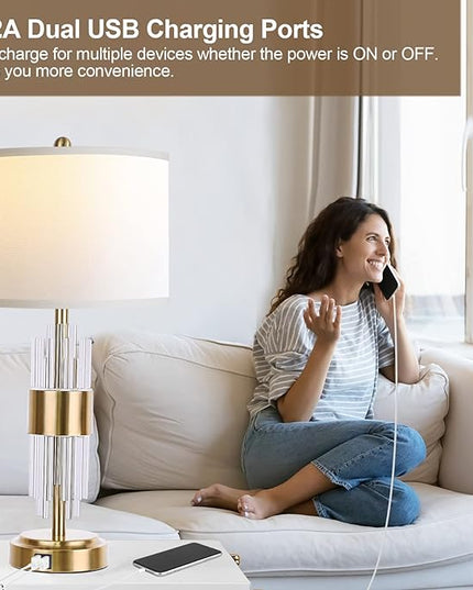 QiMH Gold Table Lamp for Living Room with USB Ports, Bedside Lamps for Bedrooms with Touch Control USB Ports, Modern Nightstand Lamp White Drum Lamp Shade Home Light Decor (2700K LED Bulb Included) - LeafyLoom