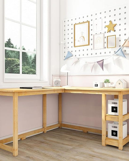 Max & Lily Solid Wood Corner Desk, 55 x 55 Inches, Natural - LeafyLoom