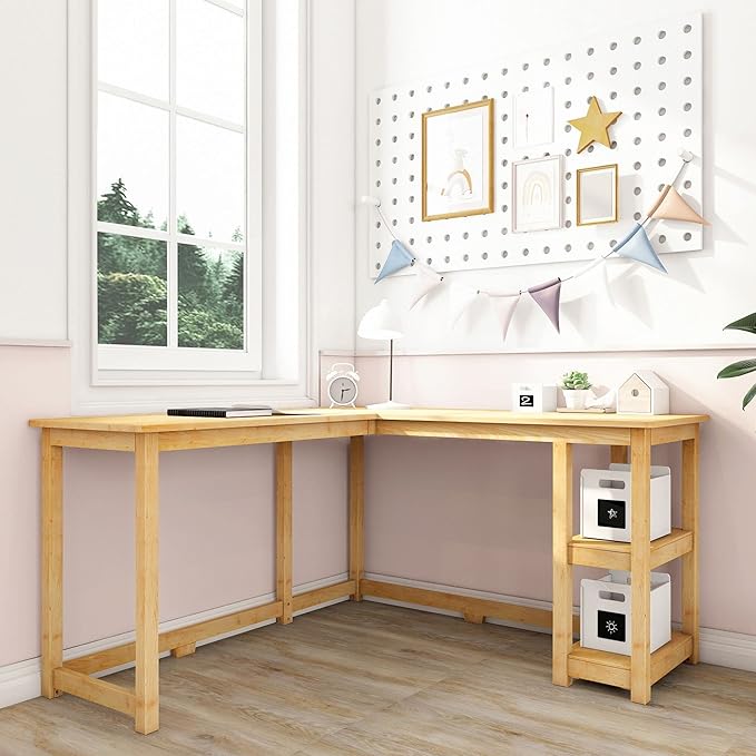 Max & Lily Solid Wood Corner Desk, 55 x 55 Inches, Natural - LeafyLoom