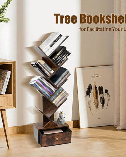 8-Tier Bookshelf Tree Bookshelf Book Tree with Drawer Wooden Bookshelves Storage Rack for CDs/Books, Shelves for Bedroom, Living Room & Office (Rustic Brown) - LeafyLoom