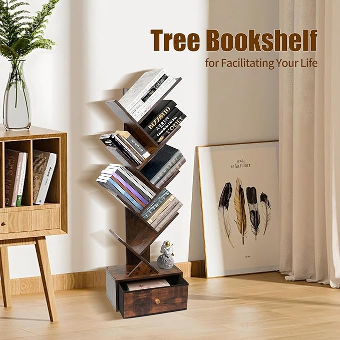 8-Tier Bookshelf Tree Bookshelf Book Tree with Drawer Wooden Bookshelves Storage Rack for CDs/Books, Shelves for Bedroom, Living Room & Office (Rustic Brown) - LeafyLoom