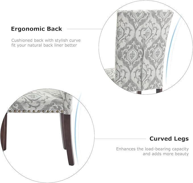 COLAMY Upholstered Parsons Dining Chairs Set of 4, Fabric Dining Room Kitchen Side Chair with Nailhead Trim and Wood Legs - Grey/White Flower - LeafyLoom