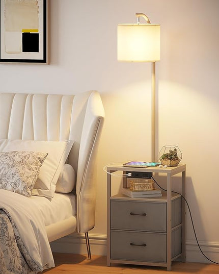 SUNMORY Floor Lamp with Table & 2 Drawers, Lamp with USB Port and Outlet, Lamps for Nightstand with 3 Color Temperature Led Bulb Included, Floor Lamps for Living Room, Bedroom and Home Office, Grey - LeafyLoom