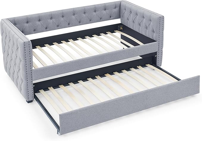 Linen Upholstered Twin Size Daybed with Twin Trundle, Solid Wooden Bed Frame w/Button Tufted and Copper Nail on Square Arms, No Spring Box Need, for Kids, Bedroom, Dorm - LeafyLoom