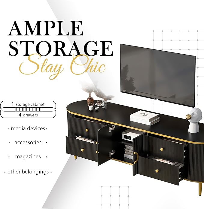 Merax Modern TV Stand for Televisions up to 80 Inches, Entertainment Center with 4 Drawers and 1 Cabinet, Wood Console Table with Metal Legs and Handles for Living Room, 70.9" Length, Black - LeafyLoom