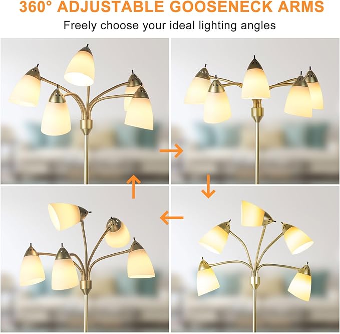 DINGLILIGHTING Floor Lamp Modern for Living: Flexible Gooseneck Floor Lamps Standing for Bedroom Home Office - Tall Floor Lights Gold 5-light - LeafyLoom
