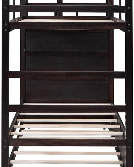 Twin Over Twin Bunk Bed with Stairs, 4 Storage Drawers and Trundle, Wooden Bunkbeds with Staircase and Full-Length Guardrails, for Kids/Teens/Adults, Espresso - LeafyLoom