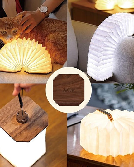 Originality Folding Accordion Lamp, Portable Wooden Desk Lamp, Ambient Lighting, Creative LED Paper Lantern with USB for (Walnut) - LeafyLoom