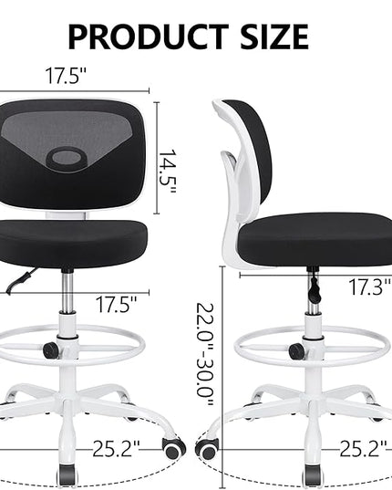 Primy Office Drafting Chair Armless, Tall Office Desk Chair Adjustable Height and Footring, Mid-back Ergonomic Standing Desk Chair Mesh Rolling Tall Chair for Art Room, Office or Home(White) - LeafyLoom