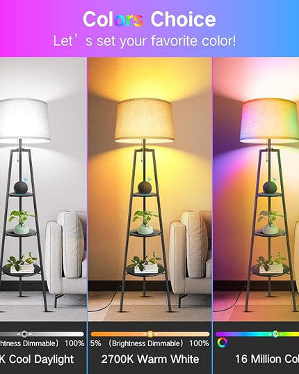 OUTON Tripod Floor Lamp with Shelves, Smart RGB Shelf Floor Lamp with WiFi APP Remote Control, Works with Alexa Google Home Voice Control, Modern LED Tall Standing Lamp for Living Room Bedroom Office - LeafyLoom